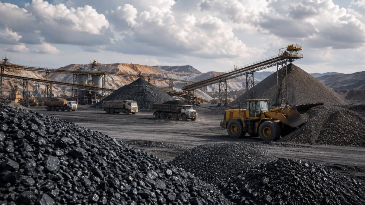 Coal yard operations with conveyors, transport fleet and front-end loader — South African mining corridor